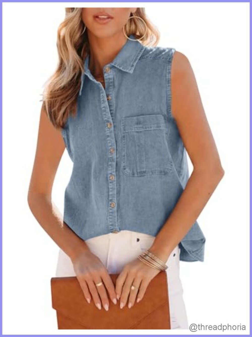 Women's Cotton Denim Tank Top V Neck Button Down Sleeveless Collared Blouse